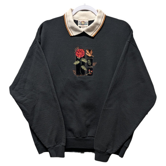 90s / Y2K Fall Flower Collared Granny Crewneck Sweatshirt - Picture 1 of 4